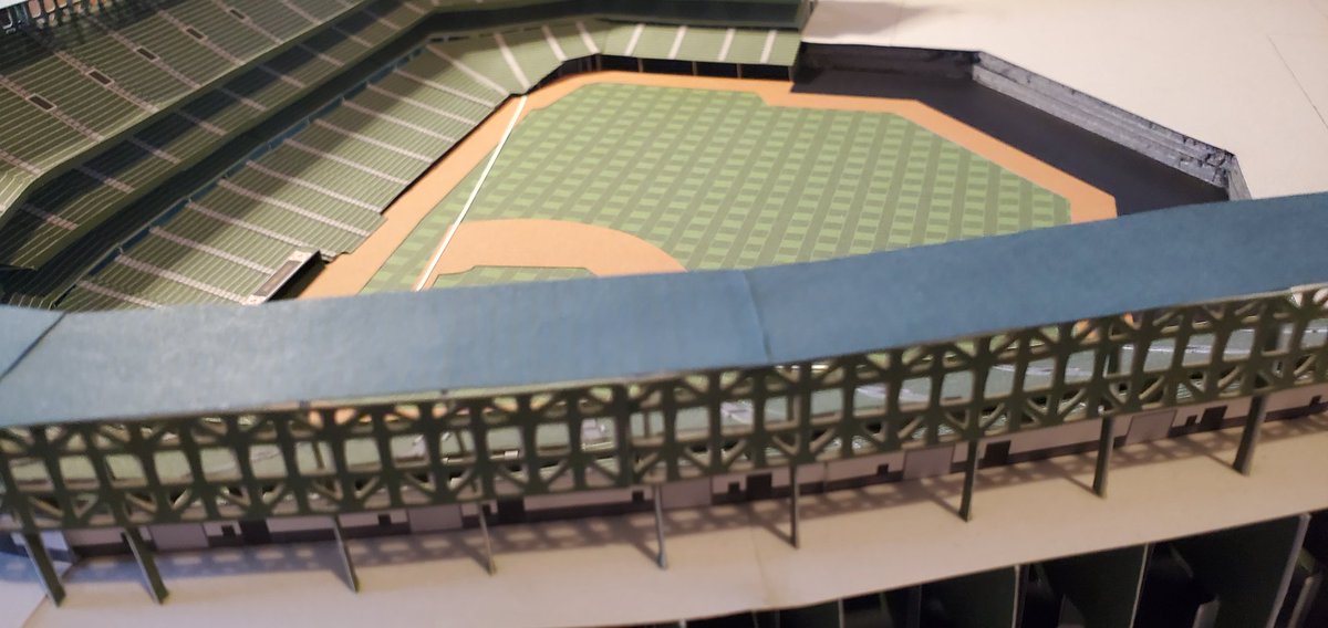 Here's my progress on Camden Yards 2 made out of cardstock. Put on the roof, consessions and steel supports around the roof. Getting ready to install entrances around the infield now.