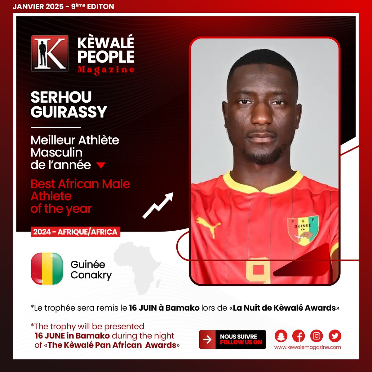 <a href="/Guirassy_19/">Serhou Guirassy</a> Guirassy sacré Meilleur Athlète Masculin de l'Année!

L'attaquant guinéen Serhou Guirassy a été élu Meilleur Athlète Masculin de l'Année aux Kèwalé Pan African Awards ! Cette distinction, décernée par 15 journalistes africains, récompense une saison exceptionnelle et