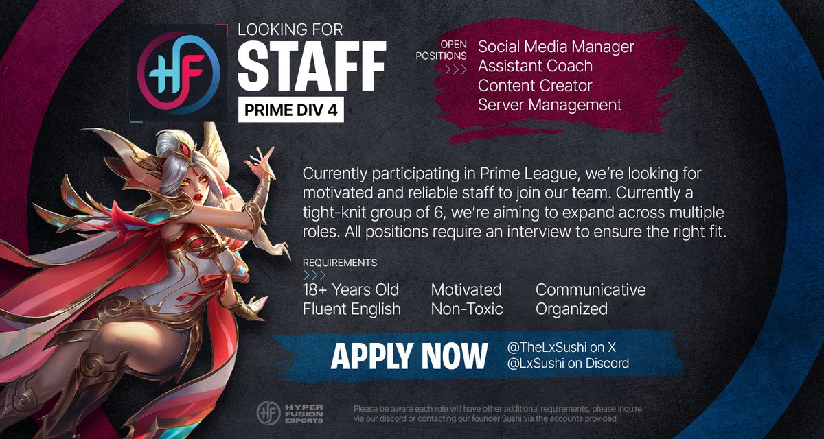Hyper Fusion (@hyperfusionlol) on Twitter photo We're currently competing in Prime League Div 4 and looking to expand our staff team.
If you're reliable, motivated, and want to be part of a growing org — we'd love to hear from you! <a href="/LFTDiscord/">LFT Discord - lol/val/rl</a> <a href="/LoL_LFT/">LoL Looking For Team 🇮🇹 🇪🇺</a> #Primeleague #LFT discord.gg/JJEVRXSfyC We're currently competing in Prime League Div 4 and looking to expand our staff team.
If you're reliable, motivated, and want to be part of a growing org — we'd love to hear from you! <a href="/LFTDiscord/">LFT Discord - lol/val/rl</a> <a href="/LoL_LFT/">LoL Looking For Team 🇮🇹 🇪🇺</a> #Primeleague #LFT discord.gg/JJEVRXSfyC
