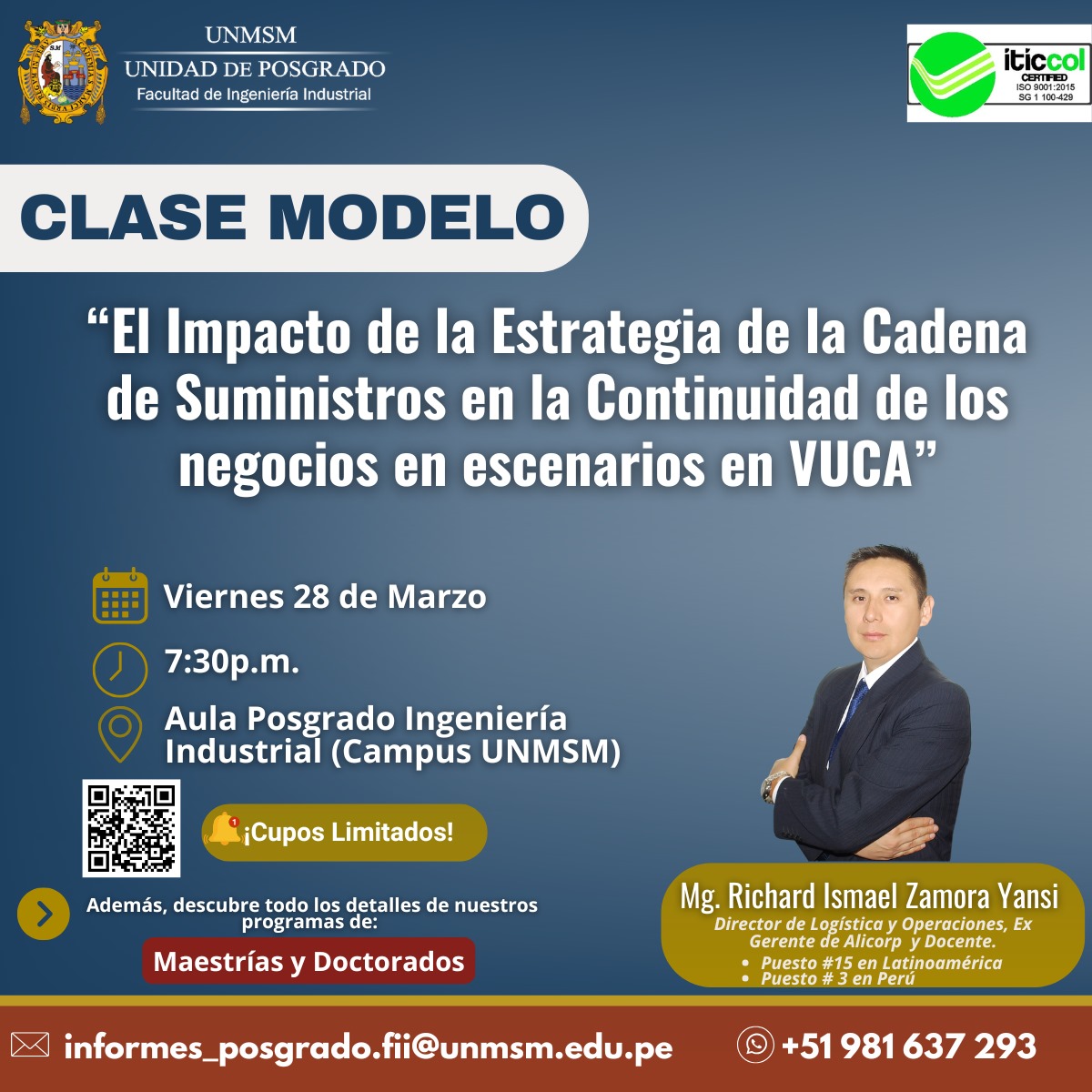 UpgUnmsm's tweet image. 🚨 ¡Clase Modelo Presencial!
📦 “Impacto de la Estrategia de la Cadena de Suministros en escenarios VUCA”
🗓 Vie. 28 marzo – 7:30 p.m.
📍 Aula Posgrado Ing. Industrial – UNMSM
🎙 Mg. Richard Zamora (Ex Gerente Alicorp)
🎯 ¡Inscríbete👉 forms.gle/bN9VoC4V8gpp3w…