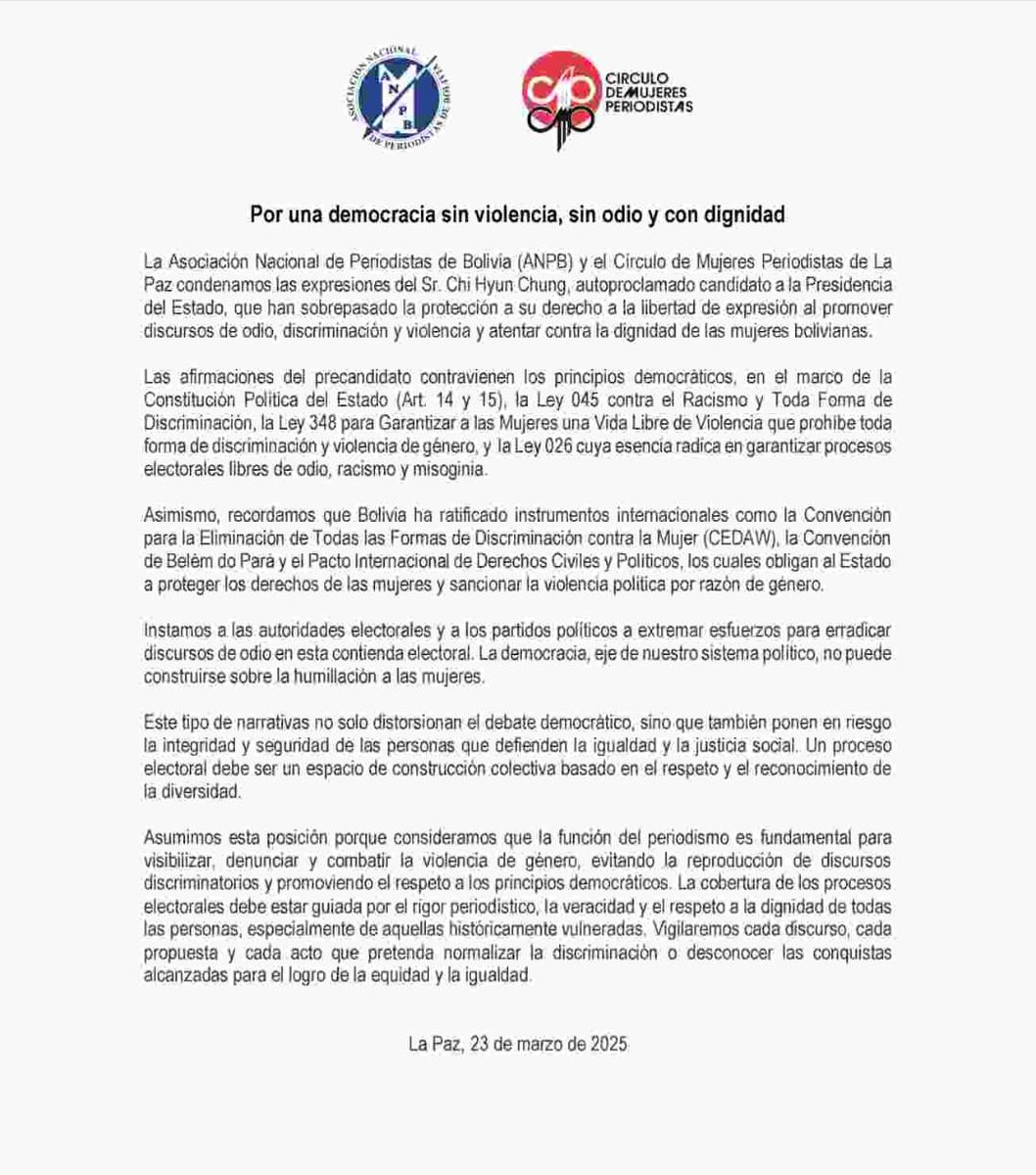 ¡Condenamos el odio y la violencia! La ANPB y el Círculo de Mujeres Periodistas de La Paz rechazan las expresiones del Sr. Chi Hyun Chung que atentan contra la dignidad de las mujeres bolivianas. #DemocraciaSinViolencia #RespetoALasMujeres