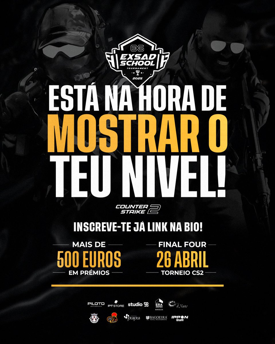 EXSAD SCHOOL TOURNAMENT 🔥

Torneio de CS2 de 5vs5 e só os mais destemidos vão chegar a grande final 🏆

Prepara-te que a grande final vai ser jogada em Barcelos 🐔

Mostra o que vales juntamente com a tua equipa ⚔️

Inscrições abertas 🚀

🔗 docs.google.com/forms/d/e/1FAI…