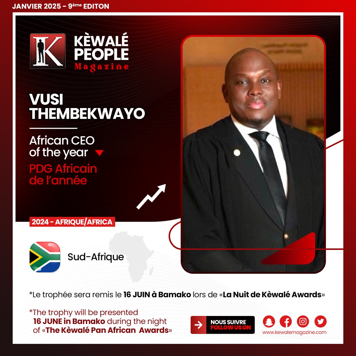 <a href="/VusiThembekwayo/">VT</a>, éminent entrepreneur et conférencier sud-africain, a été couronné “PDG Africain de l’Année” lors de la 9ᵉ édition des Kéwalé Pan African Awards, organisée par Kéwalé People Magazine. Cette distinction, attribuée par un panel de 15 journalistes représentant 15