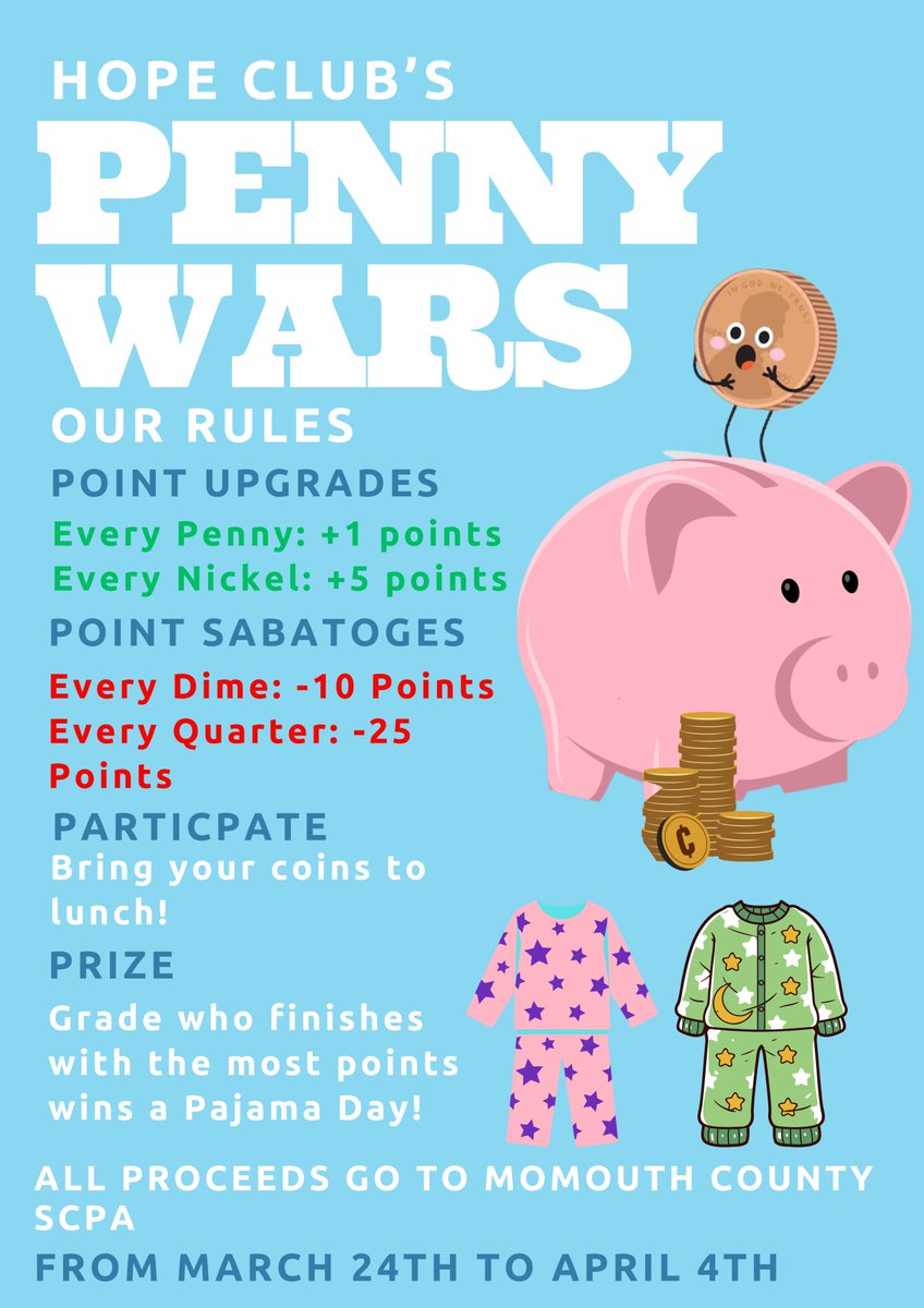 Our Penny Wars Fundraiser starts tomorrow! Bring in your coins to lunch to participate. The grade level with the most amount of points at the end of the fundraiser (April 4th) wins a Pajama Day! All proceeds to go the Monmouth County SPCA. Look at the flyer for more information!