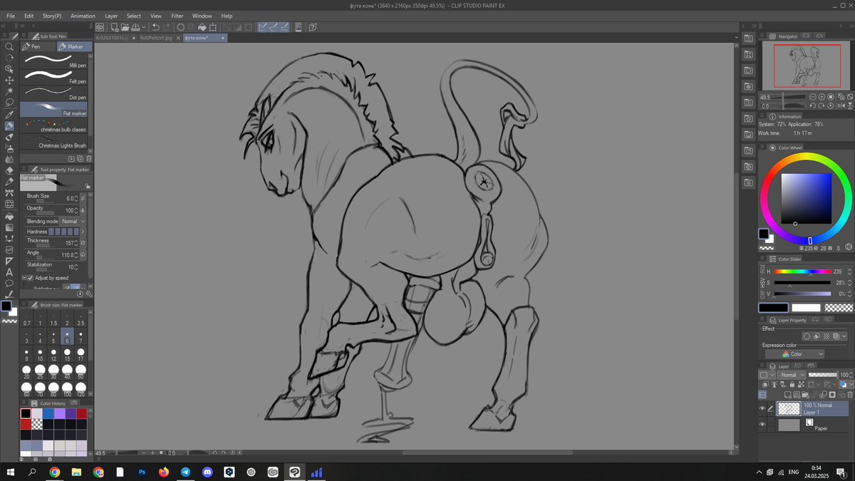 OMG guys, where did you come from to follow to me? 😳 

Anyway I'm very happy about it, so catch a sketch of my future personal character futa paleo horse 🐴
