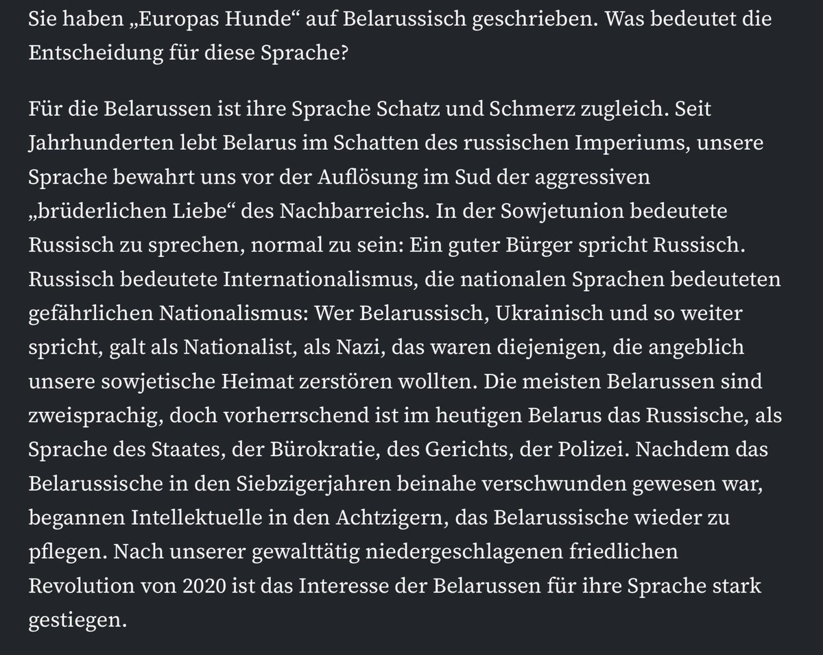 Annette Werberger (@awerberger) on Twitter photo Der belarusische Schriftsteller Alhierd Bacharevič spricht hier über sein wichtiges Buch "Europas Hunde" und die Bedeutung des Belarusischen: "Unsere Sprache bewahrt uns vor der Auflösung im Sud der aggressiven 'brüderlichen Liebe' des Nachbarreichs".
faz.net/aktuell/feuill… Der belarusische Schriftsteller Alhierd Bacharevič spricht hier über sein wichtiges Buch "Europas Hunde" und die Bedeutung des Belarusischen: "Unsere Sprache bewahrt uns vor der Auflösung im Sud der aggressiven 'brüderlichen Liebe' des Nachbarreichs".
faz.net/aktuell/feuill…