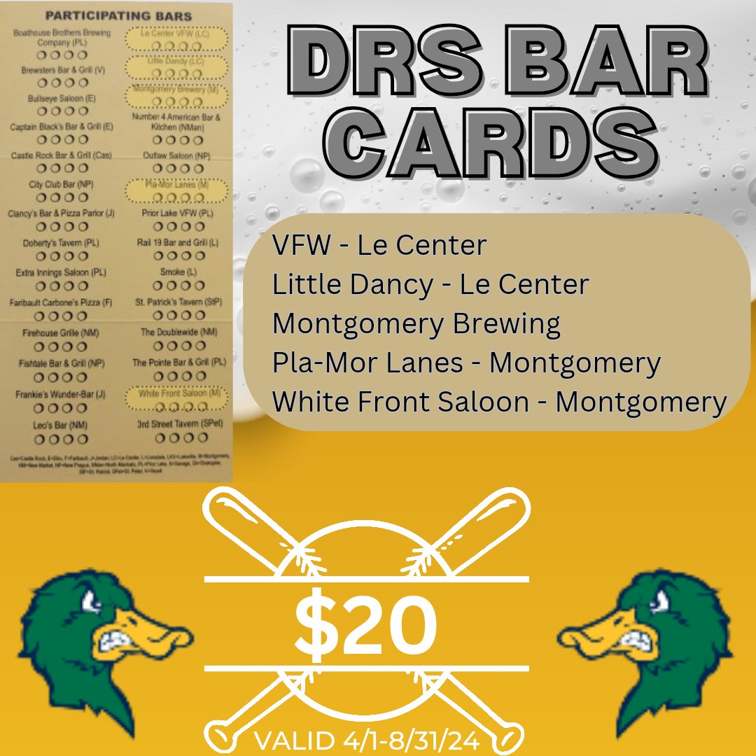 MontyMallards's tweet photo. See a Mallard player to get your DRS Bar Card. $20 gets you 4 BOGO drinks at over 25 area establishments. Buy from a Mallard, and 100% of the proceeds go to the team! #LetsGoLards https://t.co/V28XsyqHKm
