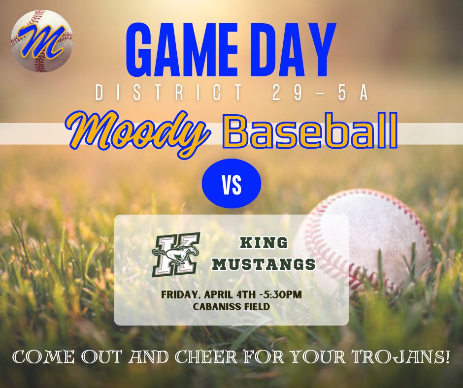 ⚾️ GAME DAY ⚾️

Closing out this week's district action with the King Mustangs at Cabaniss Field -- first pitch at 5:30pm. Come out and show your support for the boys in Blue &amp; Gold!

Follow on GameChanger (including video): bit.ly/2025-Moody-Bas…
