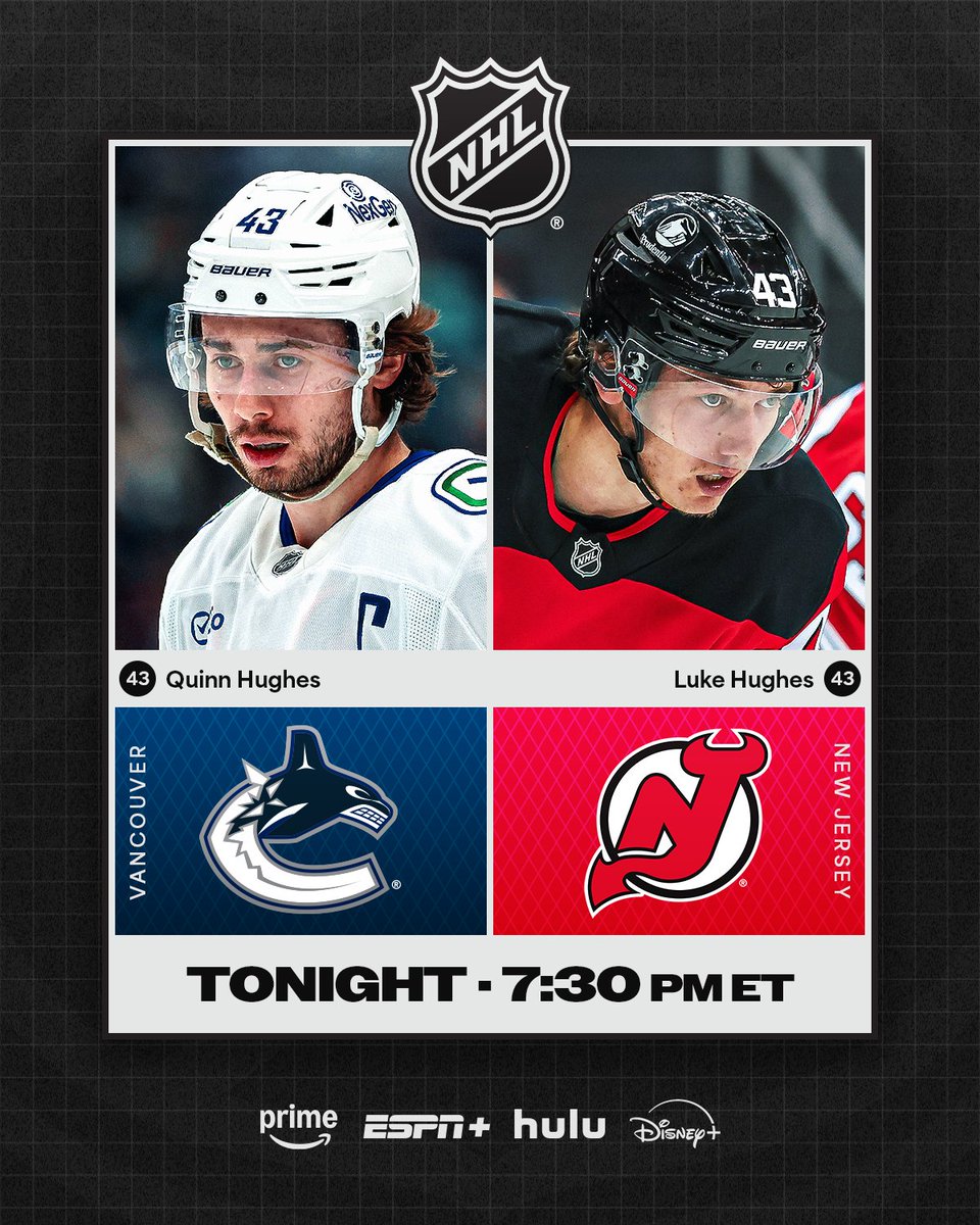 NHLPR's tweet photo. Monday’s four-game slate is highlighted by Quinn Hughes facing his youngest brother, Luke, for the four time in the NHL.

Tune in at 7:30 p.m. ET on Prime Monday Night Hockey (@SportsOnPrimeCA), @ESPNPlus, Disney+ and Hulu. https://t.co/78KZ7dXot3