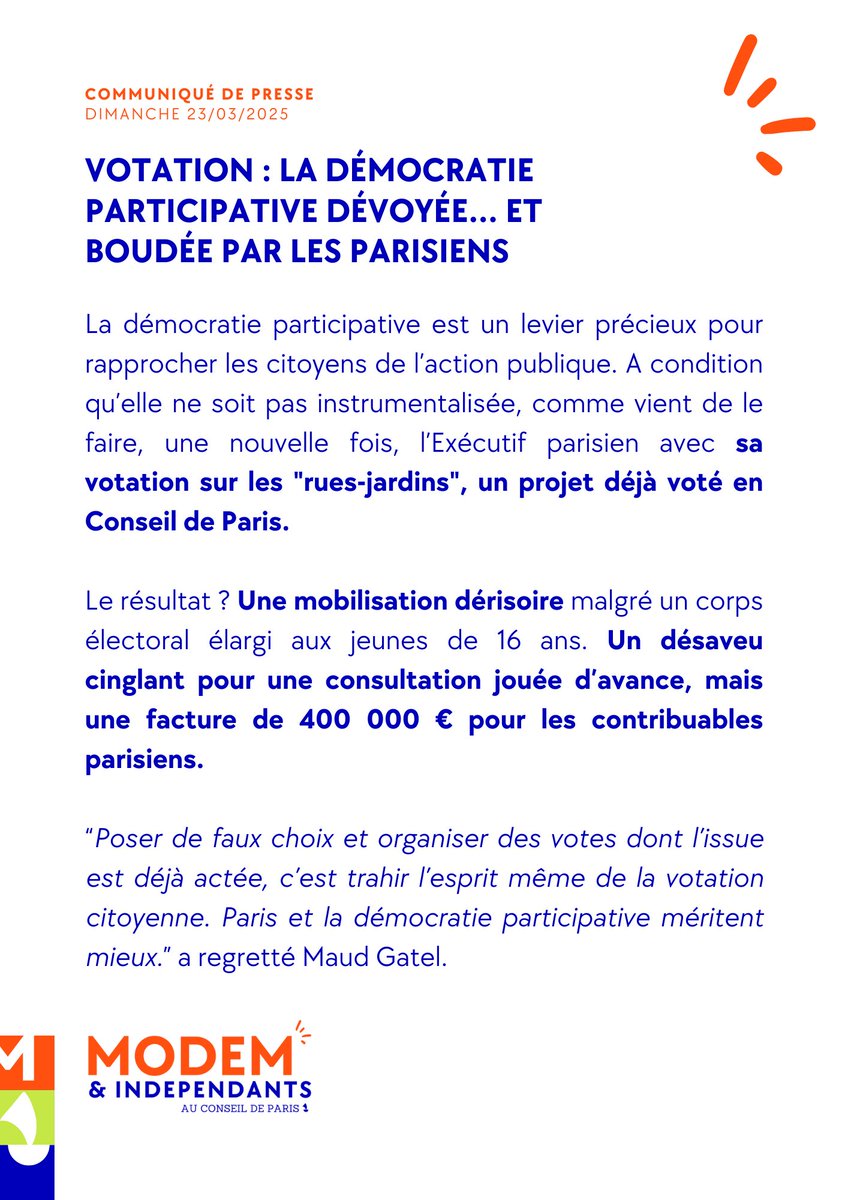 Votation sur les « rues-jardins » : quand l’Exécutif dévoie la démocratie participative, les Parisiens la boudent. 

Notre réaction ⤵️
