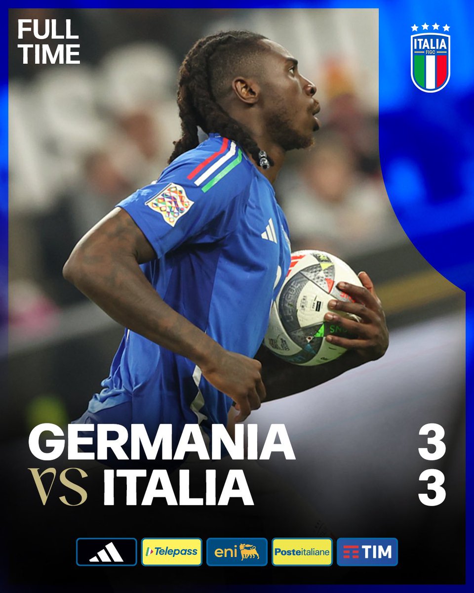 Azzurri's tweet photo. ⏱️ 𝐑𝐈𝐒𝐔𝐋𝐓𝐀𝐓𝐎 𝐅𝐈𝐍𝐀𝐋𝐄

🇩🇪🇮🇹 #GermaniaItalia 3️⃣-3️⃣
30’ rig. Kimmich; 36' Musiala; 45’ Kleindienst; 49’, 69’ #Kean; 95’ rig. #Raspadori

#NationsLeague
#Nazionale #Azzurri #VivoAzzurro https://t.co/hO5WqFkoht