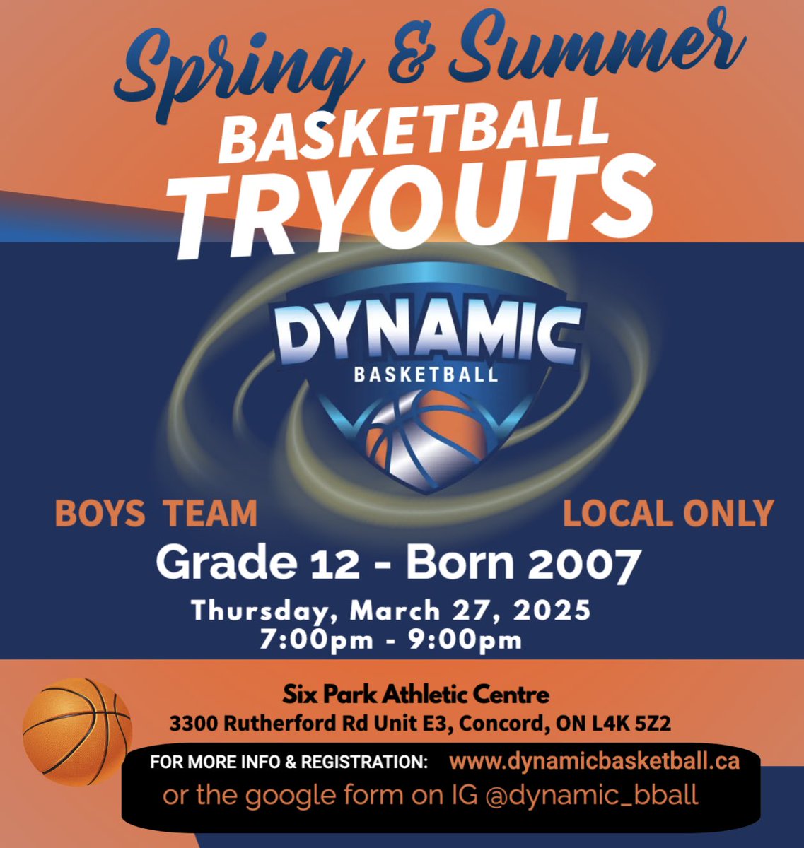 Gus Gymnopoulos (@gusgymnopoulos) on Twitter photo CALLING ALL 2007s GRADE 12
SPRING / SUMMER LOCAL ONTARIO AAU TEAM
Tryouts at:
Six Park Athletic Centre
3300 Rutherford Rd Unit E3,
Concord, ON L4K 5Z2
Thursday, March 27th, 2025
Fill out the Google form at dynamicbasketball.ca
<a href="/dynamic_bball/">Dynamic Basketball Development Academy</a> CALLING ALL 2007s GRADE 12
SPRING / SUMMER LOCAL ONTARIO AAU TEAM
Tryouts at:
Six Park Athletic Centre
3300 Rutherford Rd Unit E3,
Concord, ON L4K 5Z2
Thursday, March 27th, 2025
Fill out the Google form at dynamicbasketball.ca
<a href="/dynamic_bball/">Dynamic Basketball Development Academy</a>