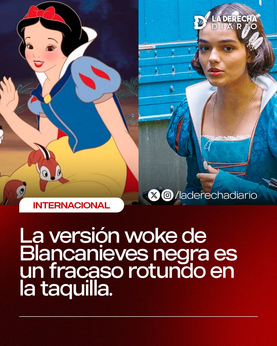 laderechadiario's tweet photo. 🇺🇸 | La versión woke de Blancanieves negra es un fracaso rotundo en la taquilla: Con un presupuesto de 240 millones de dólares, la película solo lleva recaudado 3,5 millones. https://t.co/NoL3uJrPbq