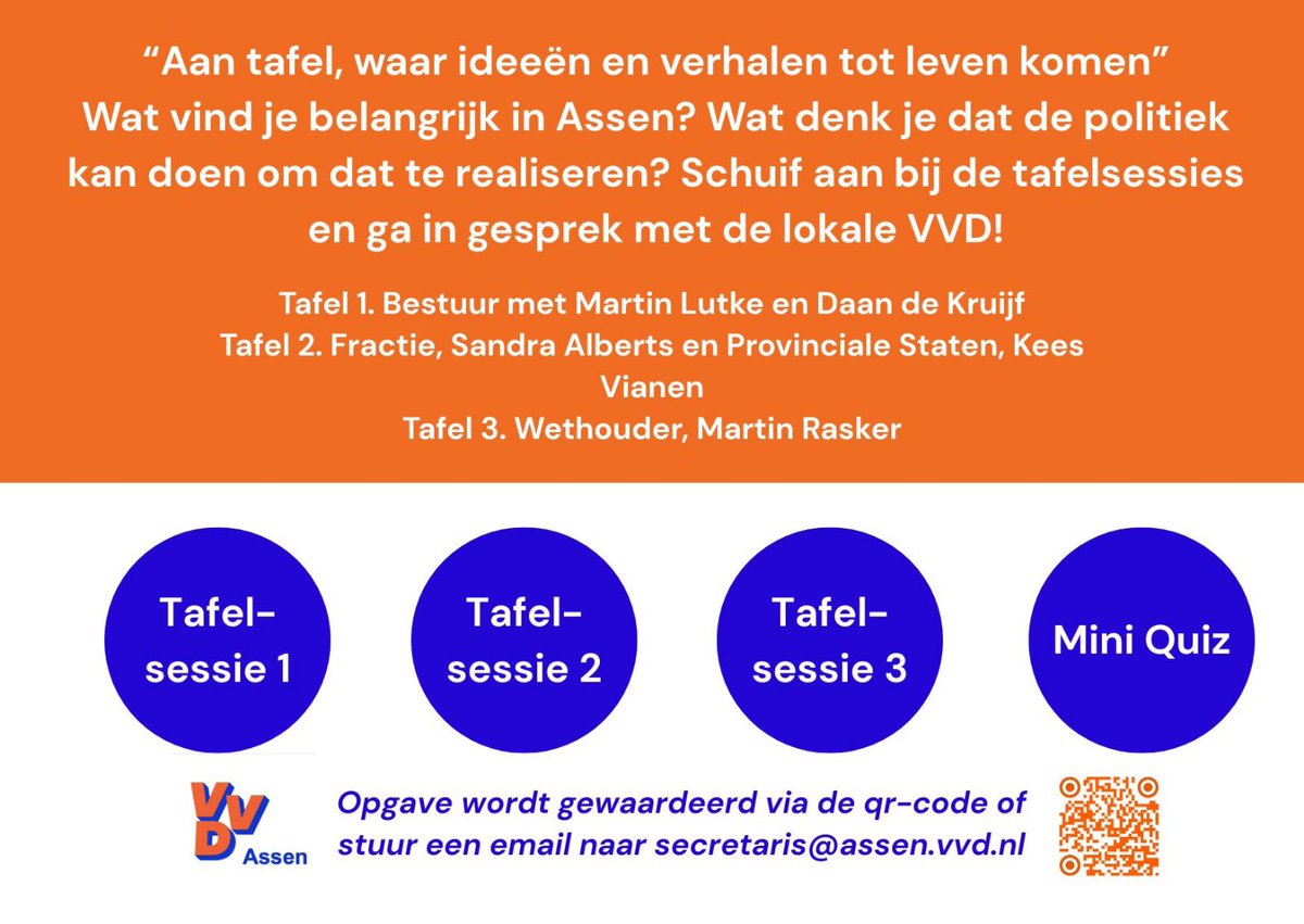 Aan tafel met.. VVD Assen! 

Op 15 april gaan we graag met je in gesprek. Over Assen, de politiek en onze mooie partij. Meld je aan en zorg dat je erbij bent! 💬

forms.gle/kZZqxC1YgiP4Rr…