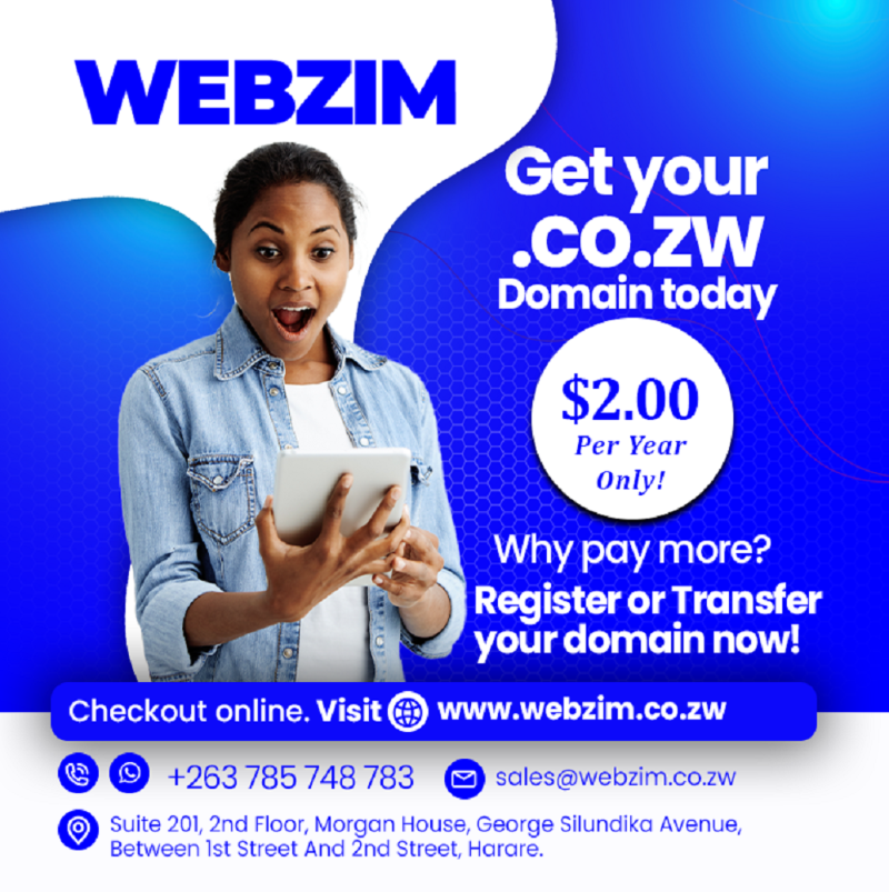 Web_Zim's tweet photo. Get your .co.zw domain now for only $2/Year! To register or transfer a domain, visit our website or Call/Whatsapp Webzim on 0785748783.