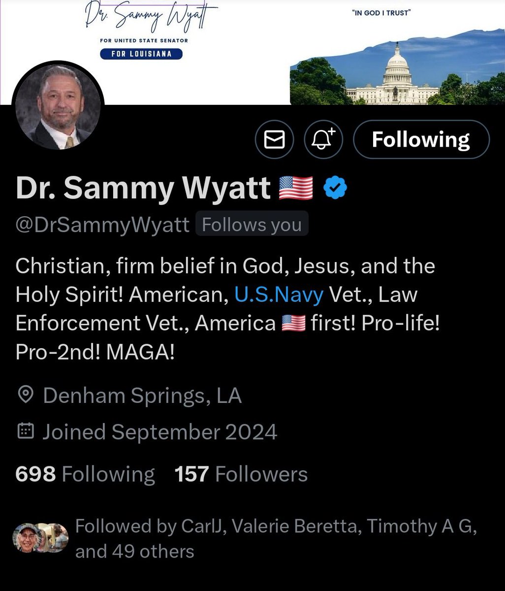 Louisiana Patriot (@jennifer_w1968) on Twitter photo Louisianans, <a href="/DrSammyWyatt/">Dr. Sammy Wyatt</a> (Conservative) is running against <a href="/SenBillCassidy/">U.S. Senator Bill Cassidy, M.D.</a> in the 2026 Senate race. Be sure to like and share so other Louisianans become aware of him. Louisianans, <a href="/DrSammyWyatt/">Dr. Sammy Wyatt</a> (Conservative) is running against <a href="/SenBillCassidy/">U.S. Senator Bill Cassidy, M.D.</a> in the 2026 Senate race. Be sure to like and share so other Louisianans become aware of him.