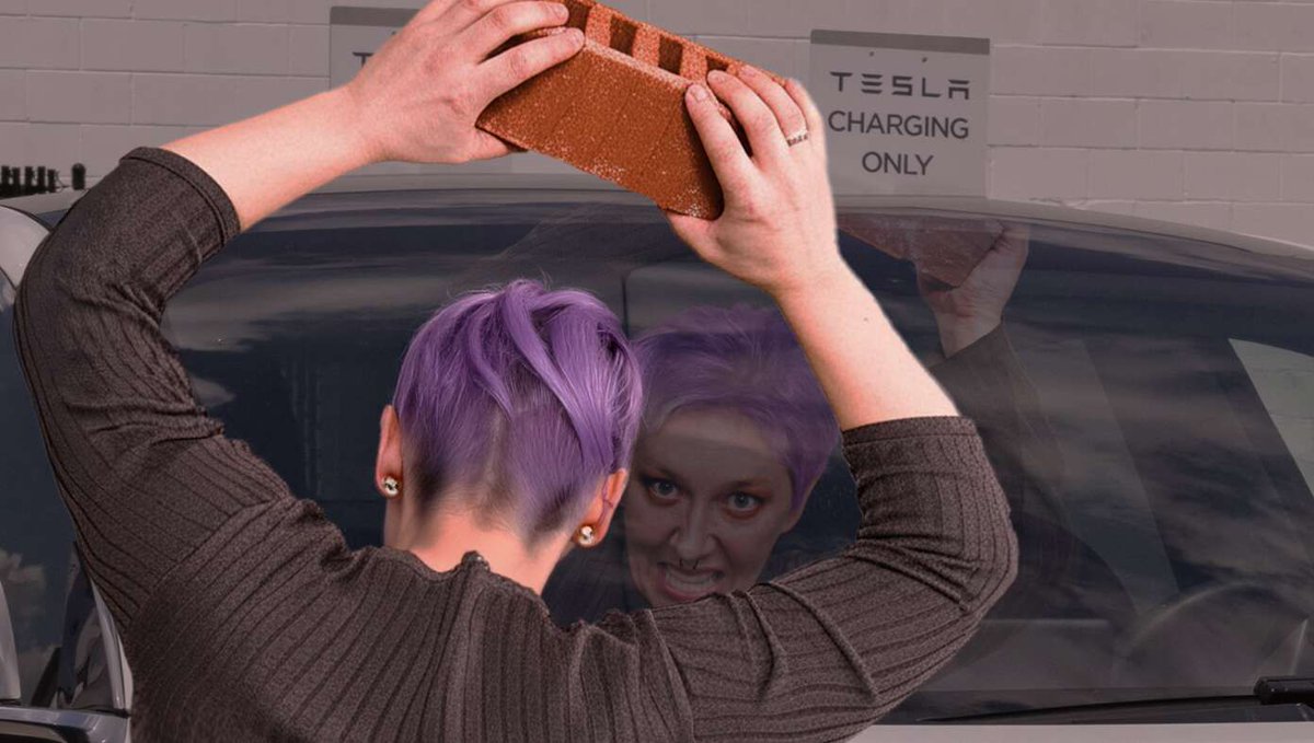 TheBabylonBee's tweet image. Leftist Smashes Tesla After Seeing Terrifying Image Of Fascist In Window buff.ly/JcEFmo0