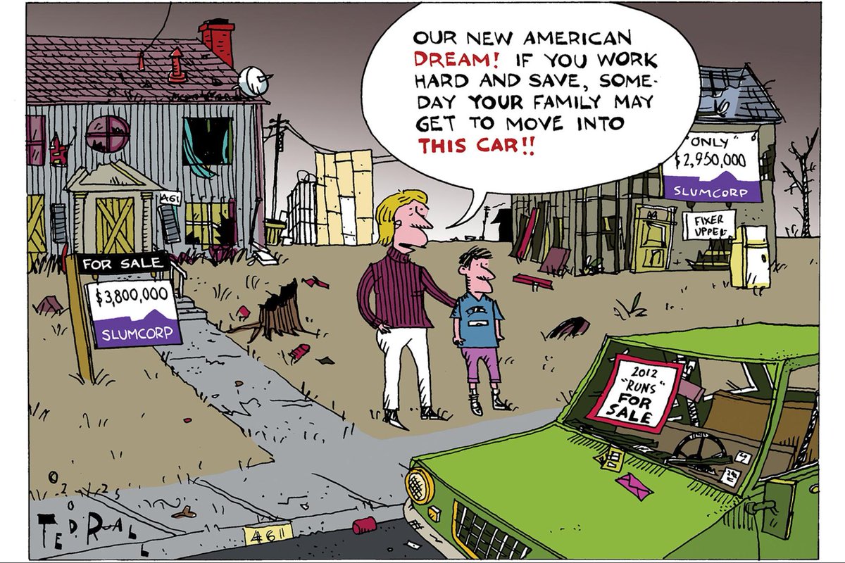 whowhatwhy's tweet photo. Some of All This Will Be Yours —

In today's episode of curbing American prosperity, homeownership feels like a fading dream for millennials and Gen Z. #cartoon by @TedRall.

https://t.co/PwKt81yBLR

#homeownership #AmericanProsperity https://t.co/SxL7bqicsV