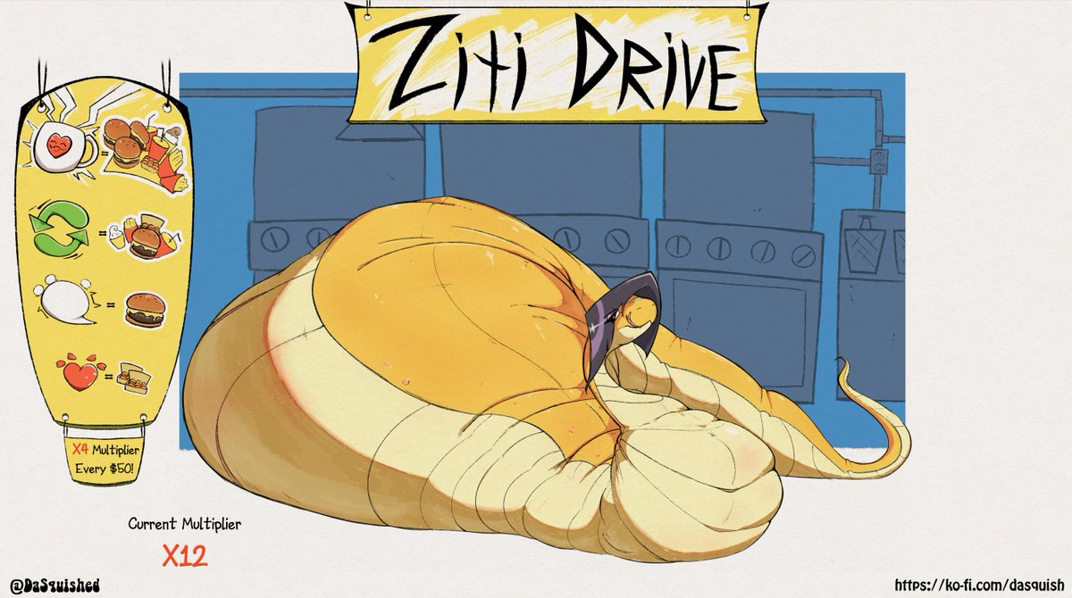 Part 3/?? - Ziti Drive  
This Snake is FAT, and this is Just the Beginning &gt;:3c  

Multiplier is currently at x12  

and...what's this? The Multiplier has been halved -and- doubled from this point forward. I want this snake as BIG as you can MAKE her, I DARE you...