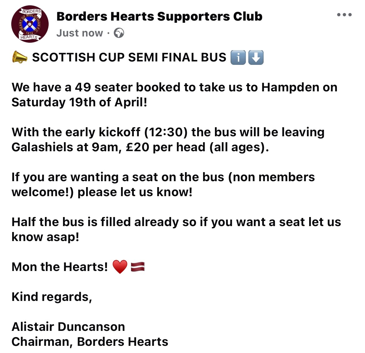 📣 SCOTTISH CUP SEMI FINAL BUS ℹ️⬇️
#BordersHearts #HampdenBound #HHGH ♥️🇱🇻