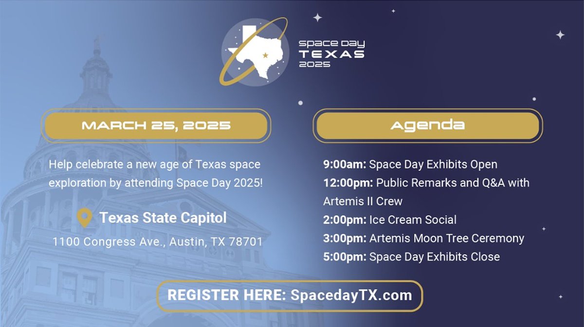 Come to the Capitol to celebrate a new age of Texas space exploration at Space Day 2025 - with space tech, educational and training programs, and other exhibits, Space Day is free and open to the public - learn more at spacedaytx.com.  #SpaceDayTX
