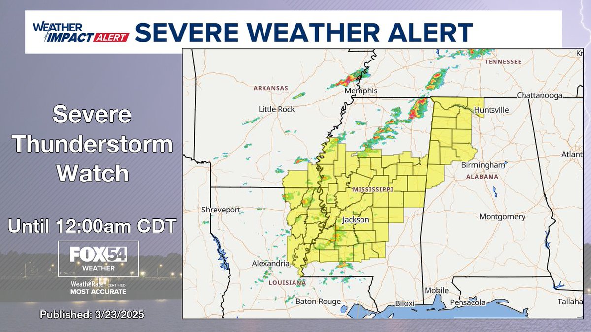 From FOX54 Weather Severe Thunderstorm Watch for Colbert, Franklin, Lauderdale, Lawrence and Limestone County in AL until 12:00am CDT.