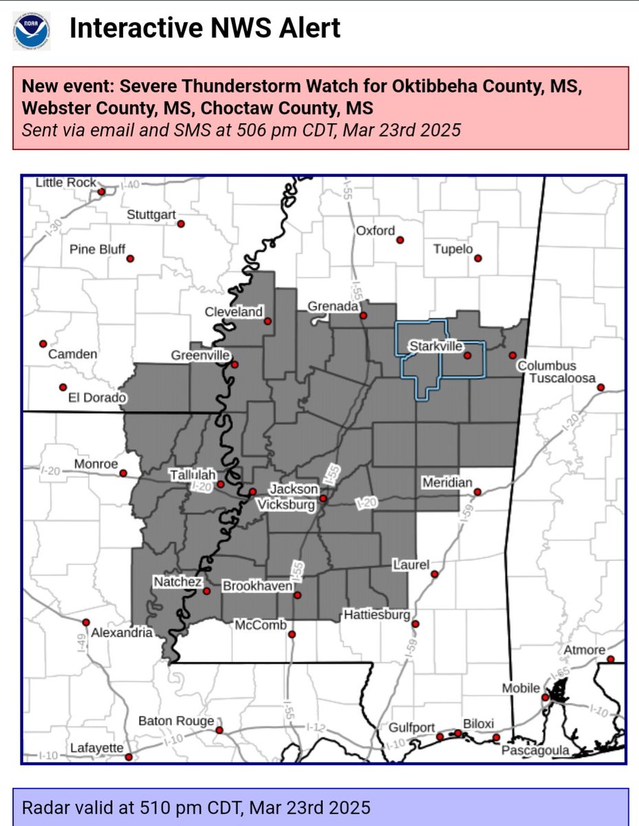 New event. Severe Thunderstorm Watch from 3/23/2025 5:06 PM  to 3/24/2025 12:00 AM CDT for Oktibbeha County inws.ncep.noaa.gov/a/a.php?i=1114…