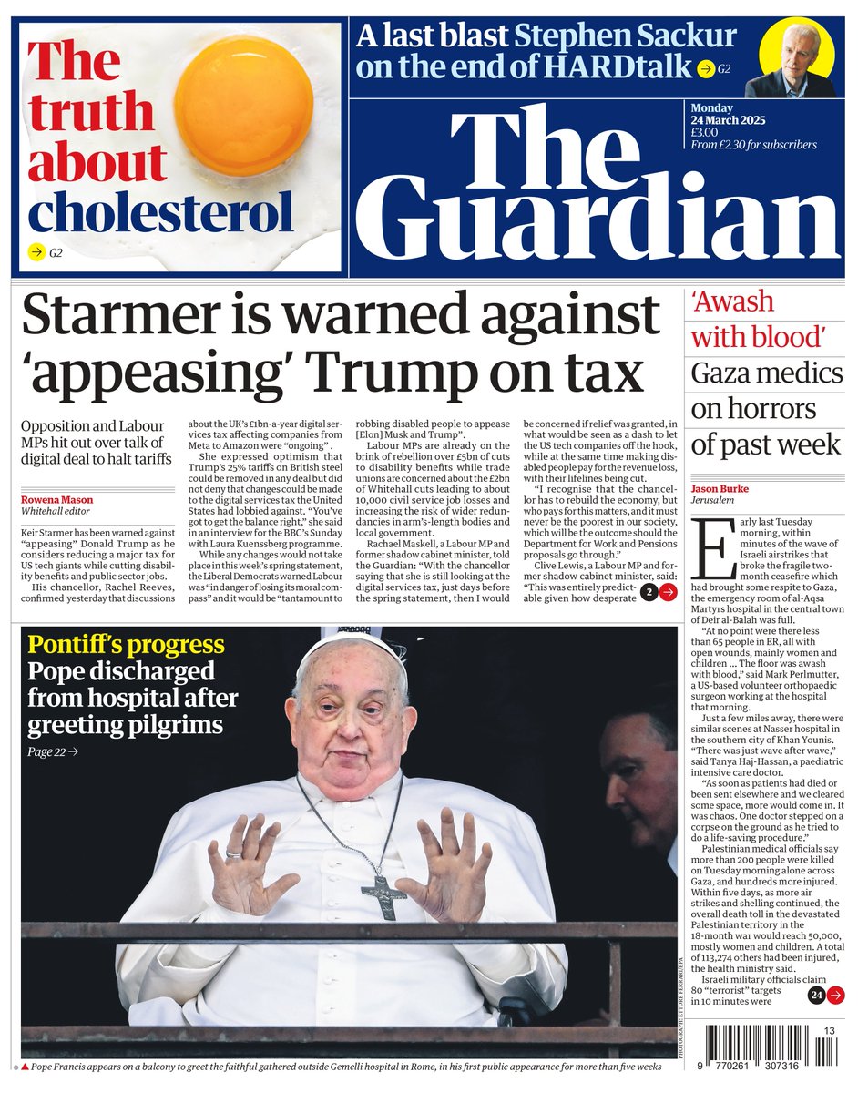 Monday's GUARDIAN: Starmer is warned against 'appeasing' Trump on tax
#TomorrowsPapersToday