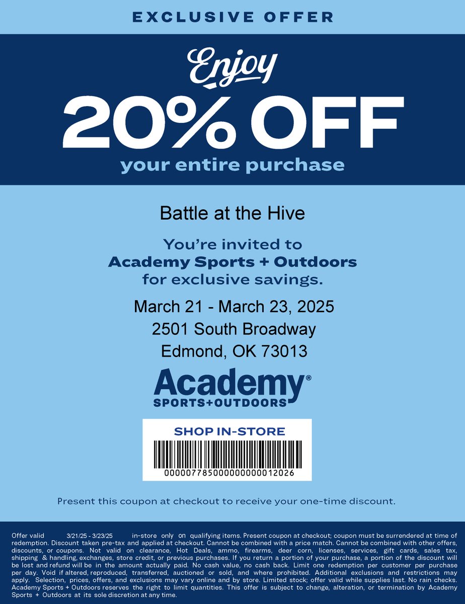 Need some equipment or clothes? Academy has a deal for just for the Battle at the HIVE!  Present the coupon below and get 20% off.  We have coupons at the Hive or print one off and head to the store.  Good thru tomorrow!