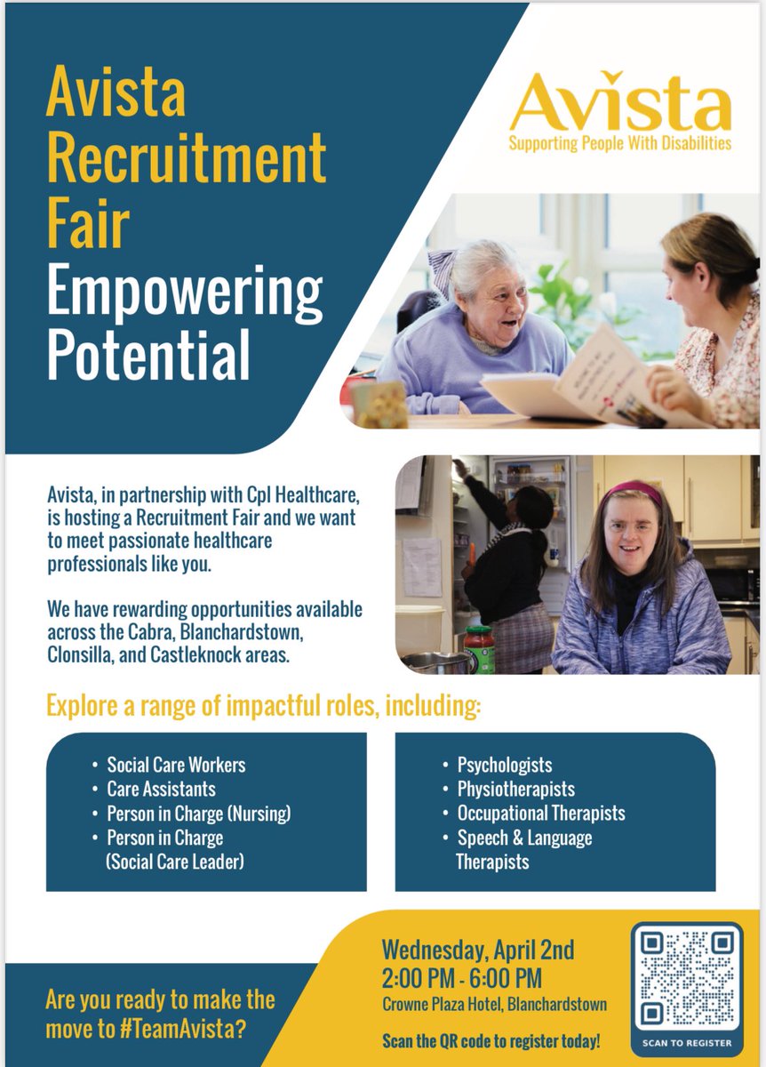 Avista (@avistaclg) on Twitter photo Avista in collaboration with CPL are hosting a Recruitment Fair in the <a href="/CrownePlazaBlan/">Crowne Plaza Dublin Blanchardstown</a> from 2-6pm on Wednesday, 2nd April.
Register your interest here: landing.cplhealthcare.com/Avista/recruit…
#TeamAvista #Comeworkwithus #jobfairy Avista in collaboration with CPL are hosting a Recruitment Fair in the <a href="/CrownePlazaBlan/">Crowne Plaza Dublin Blanchardstown</a> from 2-6pm on Wednesday, 2nd April.
Register your interest here: landing.cplhealthcare.com/Avista/recruit…
#TeamAvista #Comeworkwithus #jobfairy