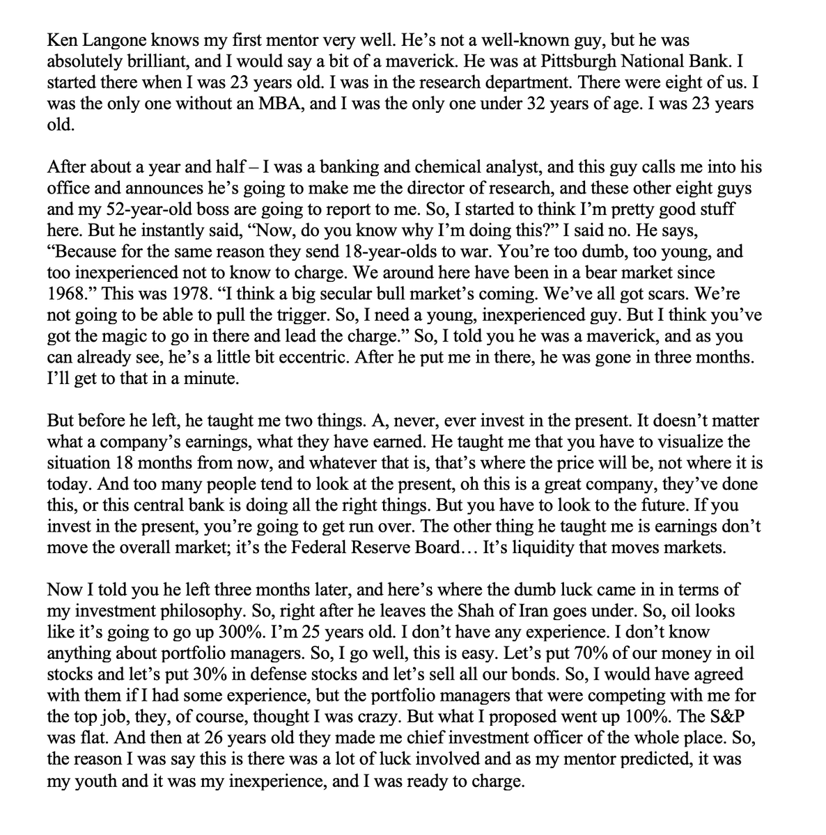 iancassel's tweet image. There is always this wonderful tension between veteran investors and emerging/new investors that haven't had all the risk scared out of them yet. 

I'm always reminded of this wonderful story by Stan Druckenmiller. 🔥