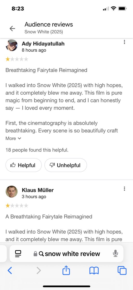 pvs27254's tweet photo. @TaraBull808 Why is it that the google reviews of Snow White all have the same ‘breathtaking’ comments on all reviews - most of which had 1 star? https://t.co/7miu945jS8