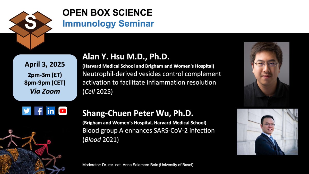 OpenBoxSci's tweet image. OBS #Immunology Seminar  
📆 Thu, 3rd April, 2 pm ET/8 pm CET   
🎙️ Speakers Alan Y. Hsu, M.D., Ph.D. 
Shang-Chuen Peter Wu, Ph.D.   
@harvardmed 
@BloodJournal 
@CellPressNews 

📣 Moderator @asalboix   

👉 us02web.zoom.us/meeting/regist…