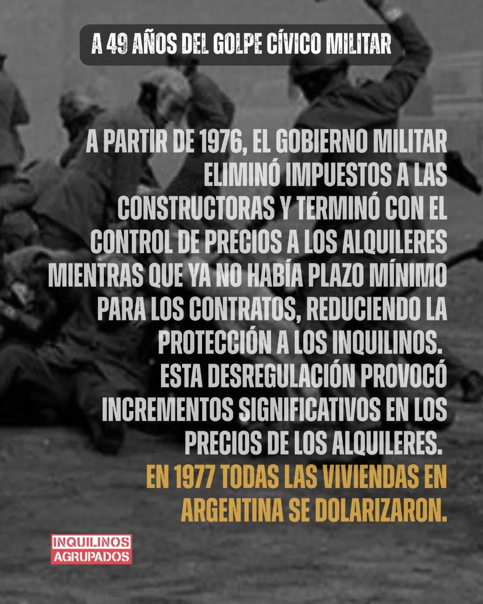 InquilinosR's tweet photo. A 49 años del golpe cívico militar seguimos diciendo NUNCA MÁS. 
La vivienda es un derecho, no un negocio.
La lucha sigue! https://t.co/5q6lP6o1nl