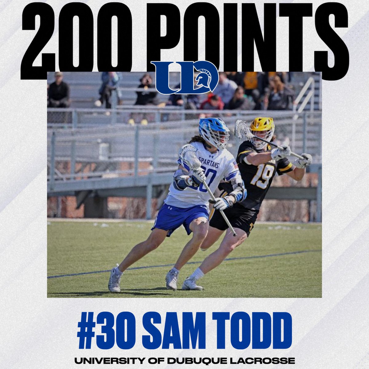 dubuqueMlax's tweet photo. In today’s win over Lawrence, senior attackman Sam Todd hit yet another milestone scoring his 200th career point as a Spartan. His goal in the 2nd quarter tallied 200 points. Congrats Sam!

#UDMLAX | #Spartans | #TwoHundred https://t.co/lZiKeXJkCW