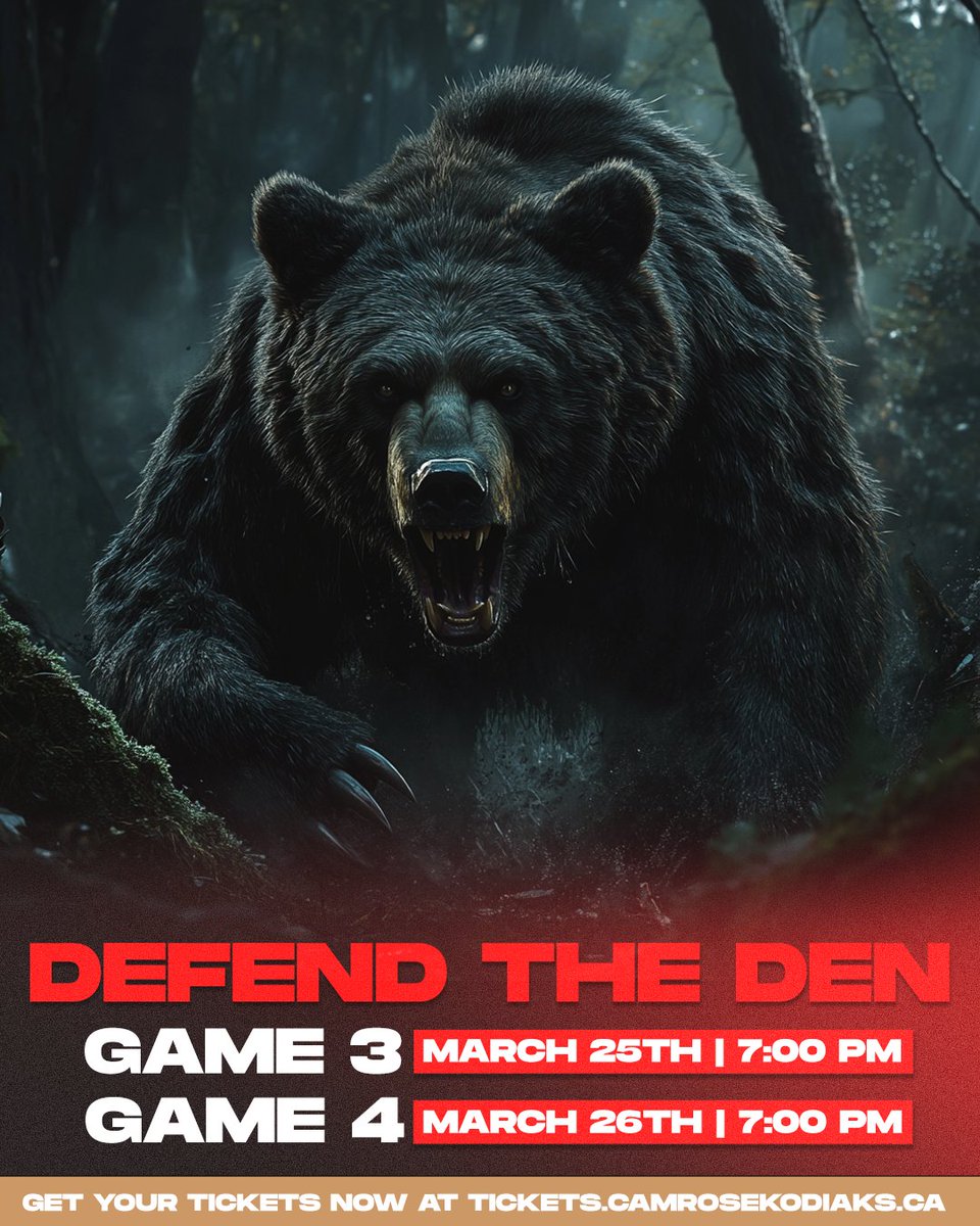 The Kodiaks are back home for Games 3 &amp; 4 of Round 1 at Encana Arena!

📅 Game 3 – Tuesday, March 25 | 7:00 PM
📅 Game 4 – Wednesday, March 26 | 7:00 PM

🎟️ Secure your Playoff tickets now at tickets.camrosekodiaks.ca

Pack the Den. Bring the noise. #DefendtheDen.