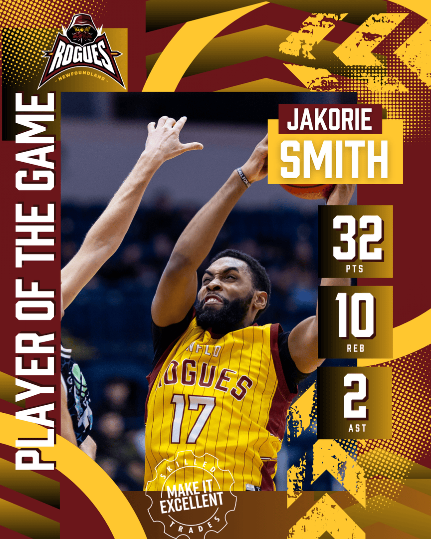 nfldrogues's tweet photo. 2nd win in a row?✅
2nd double-double in a row?✅
Jakorie Smith is our Excellent Player of the Game!🏀
Proudly sponsored by Make It Excellent - Skilled Trades "Learn from the best to be the best"
#MakeItExcellent #newfoundland #NewfoundlandRogues #gorogue #POG #ad #bethebest #skilledtrades