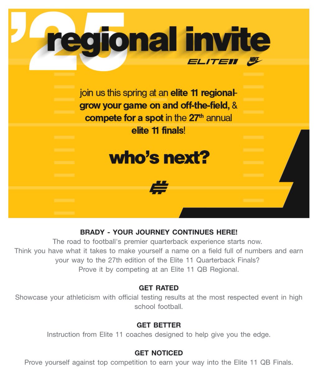 Brady Annett (@bradyannett2) on Twitter photo Super excited to compete at the elite 11 when Iβm healthy. Thank you <a href="/Stumpf_Brian/">Brian Stumpf</a> for the invite!
<a href="/NickStarkel/">Coach Nick Starkel</a> <a href="/ArmedDangerQBS/">Armed&Dangerous QB</a> <a href="/CDMFOOTBALL/">CDM Football</a> <a href="/GregBiggins/">Greg Biggins</a> <a href="/BrandonHuffman/">Brandon Huffman</a> Super excited to compete at the elite 11 when Iβm healthy. Thank you <a href="/Stumpf_Brian/">Brian Stumpf</a> for the invite!
<a href="/NickStarkel/">Coach Nick Starkel</a> <a href="/ArmedDangerQBS/">Armed&Dangerous QB</a> <a href="/CDMFOOTBALL/">CDM Football</a> <a href="/GregBiggins/">Greg Biggins</a> <a href="/BrandonHuffman/">Brandon Huffman</a>