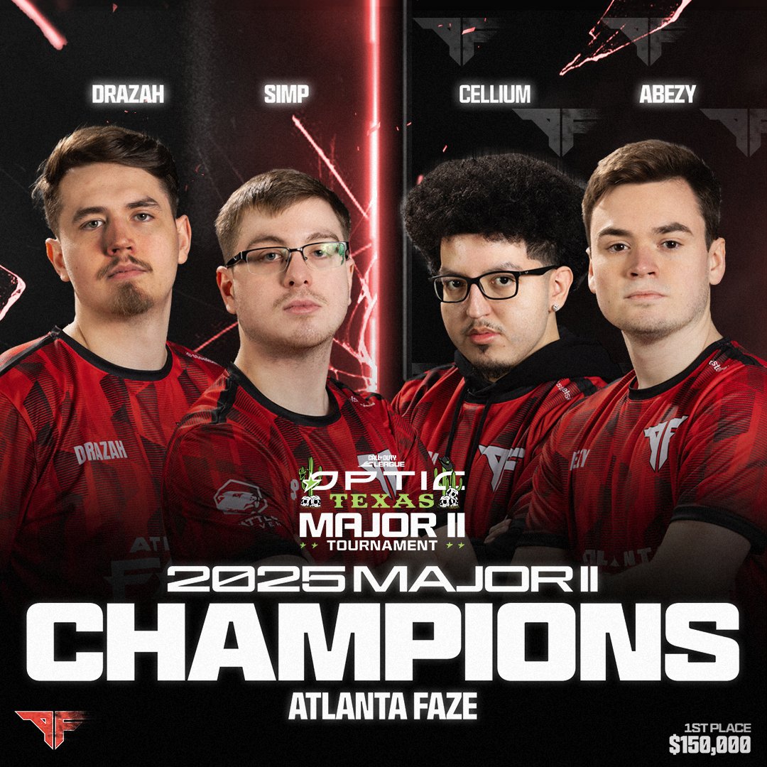CODLeague's tweet image. MAJOR II CHAMPIONS 🏆🏆 @ATLFaZe 

👉 @Drazah 
👉 @SimpXO 
👉 @Cellium 
👉 @aBeZy 

#CDL2025