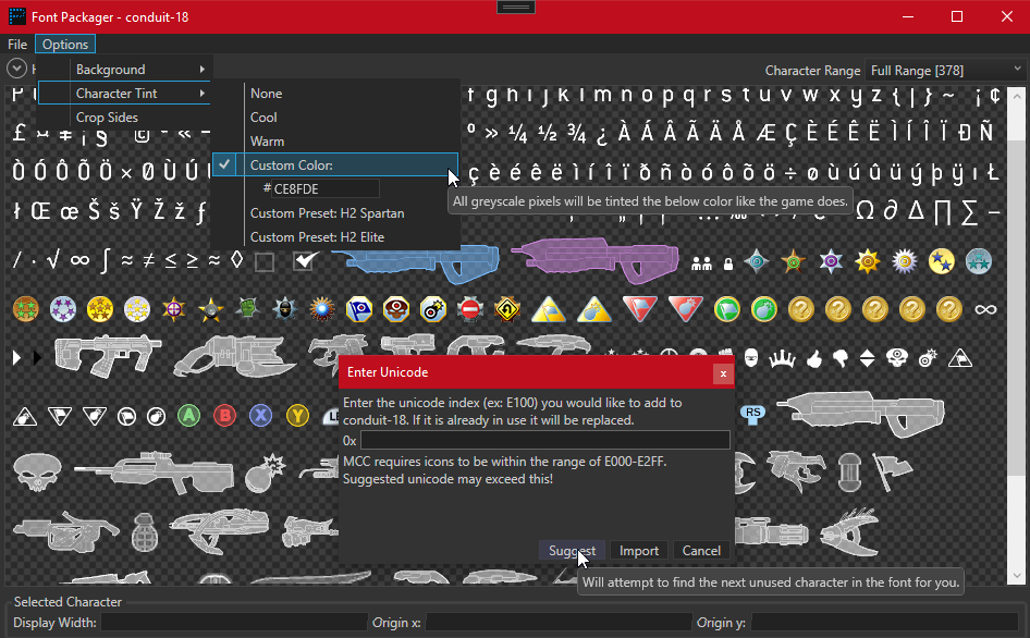 Got some extra Font Packager inspiration. You can click a button to find the next available unicode and you can force colors. Gonna do a lookover and I'll post an update.