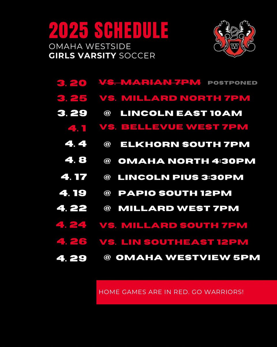 ‼️VARSITY Girls soccer schedule 👀😤 bring on the season opener this Tuesday, April 1!
#gowarriors #nebraskasoccer