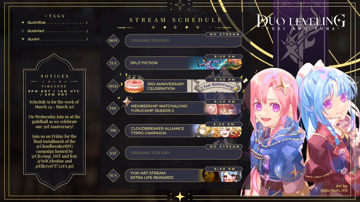 [WEEKLY QUESTS UPDATED!] On Wednesday join us at the guildhall as we celebrate our 3rd Anniversary! Thurs, we have our Youtube membership watchalong! Join us on Friday for the final installment of the <a href="/CloudbreakerRPG/">Cloudbreaker Alliance TRPG</a> campaign feat. <a href="/CJLeung_DST/">Ya Bro🌟CJ</a> <a href="/NelCelestine/">Nel | 🗡️ Rogue ENVtuber</a> and <a href="/EllcrysVT/">Ellcrys 『エルクリス』🧪 Alchemist VTuber</a>!