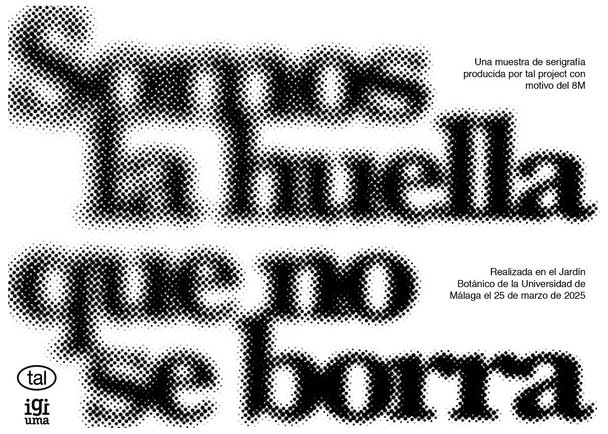 📢"Somos la huella que no se borra", una muestra de serigrafía organizada con motivo del 8M 
 🗓️Martes 25 de marzo de 2025 
🕢11:00h
 📍Jardín Botánico de la UMA 
✍️Entrada libre 
ℹ️ Más información 👉u.uma.es/gaa/