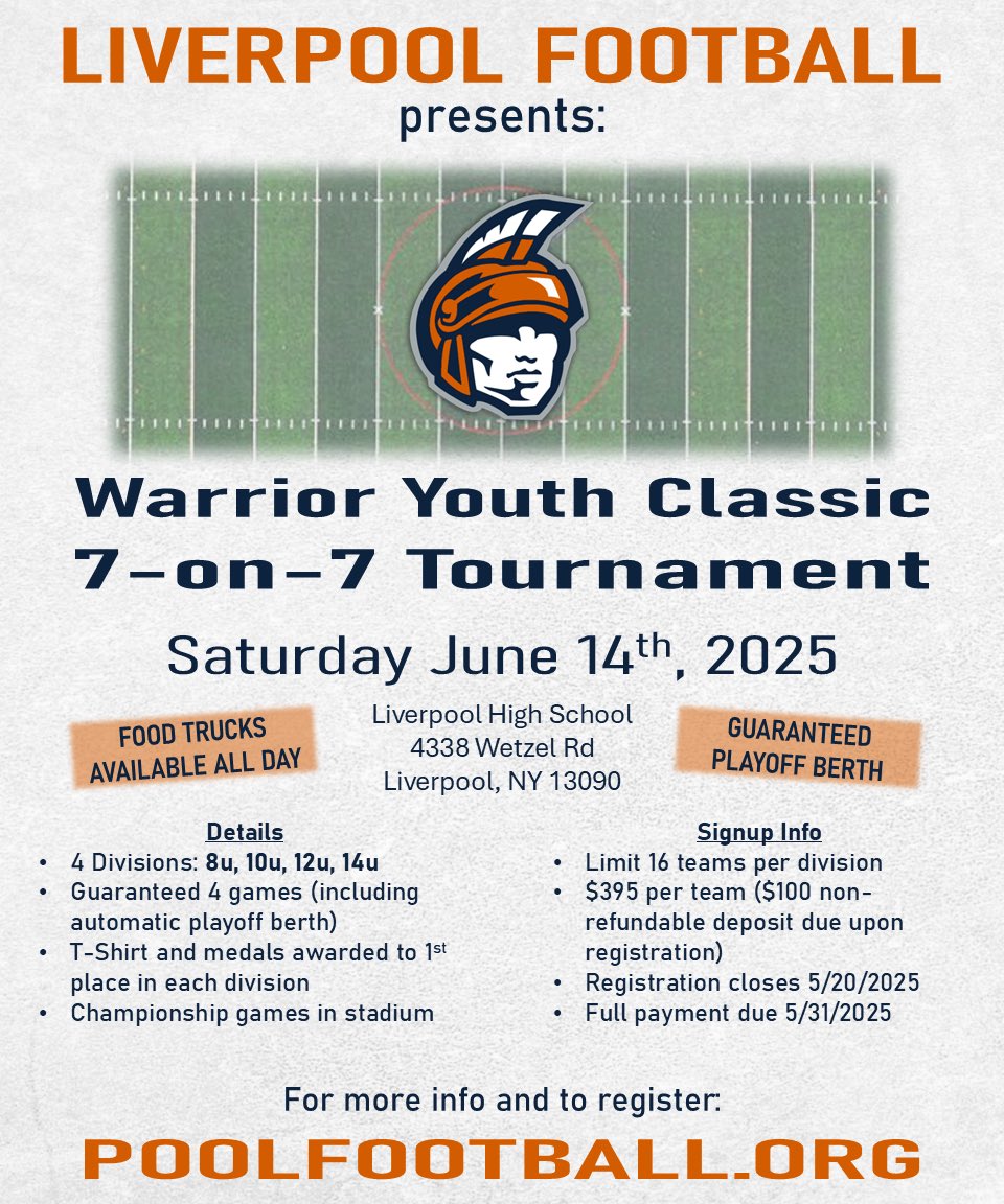 Announcing the first annual “Warrior Classic” 7 on 7 tournament. 

Go to poolfootball.org for more information!
<a href="/LCSDAthletics/">Liverpool Athletics</a> <a href="/PrepRedzoneNY/">Prep Redzone New York</a>
