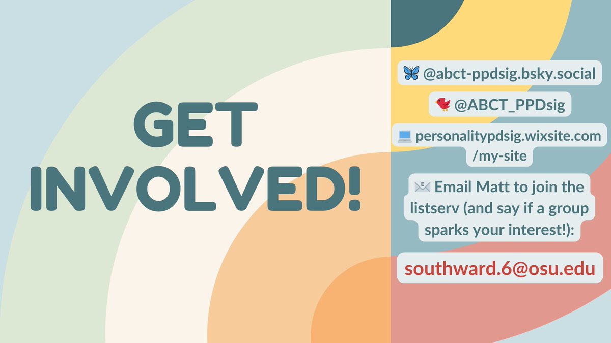 Matt Southward (@matt_southward_) on Twitter photo 🗣️ Heads up to any <a href="/ABCTNOW/">Association for Behavioral and Cognitive Therapies</a> members interested in personality or personality disorders!
The P/PD SIG would love for you to join! We've got task forces for all types of interests & training levels. Check out our info below and follow us at <a href="/ABCT_PPDsig/">ABCT Personality/Personality Disorder SIG</a> 📲 🗣️ Heads up to any <a href="/ABCTNOW/">Association for Behavioral and Cognitive Therapies</a> members interested in personality or personality disorders!
The P/PD SIG would love for you to join! We've got task forces for all types of interests & training levels. Check out our info below and follow us at <a href="/ABCT_PPDsig/">ABCT Personality/Personality Disorder SIG</a> 📲