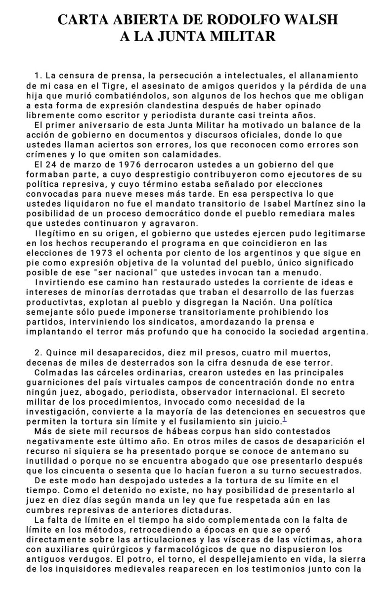 25 de Marzo de 1977. Rodolfo Walsh caminaba por San Juan y Entre Rios. Volvía de enviar a todas las redacciones de diarios nacionales, y a corresponsales extranjeros su "Carta Abierta" a la Junta Militar. Un grupo de tareas de la Ex ESMA lo baleo y secuestró. Nunca más fue visto.