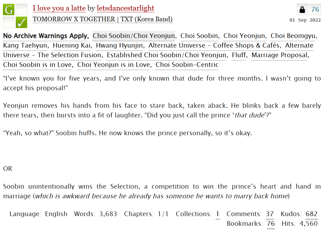moaficsfor366's tweet photo. Day 78: I love you a latte by @letsdancestar
the chokehold that the selection books had on me when I was younger was crazy, &amp; this selection inspired S/Y fic is so adorable 🥰 S winning the contest UNINTENTIONALLY is somehow such a S thing for him to do +
https://t.co/py4tJEAOpb https://t.co/aRrkczzrns