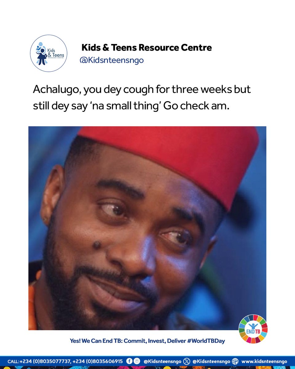 Kidsandteensngo's tweet photo. Achalugo, that cough wey no gree go fit be TB! 😷 
TB spreads through the air when an infected person coughs or sneezes. But the good news? It’s preventable and curable!

#WorldTBDay https://t.co/08Q7BxPyRv