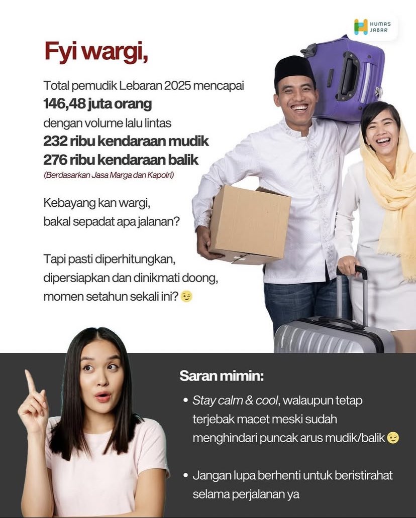 Wargi yang mau mudik, harap diperhatikan nih prediksi puncak arus mudiknya yaa 🥹

Jangan lupa persiapkan fisik dan amunisi untuk perjalanan mudiknya, take care 🫶🏻

Lembur diurus, Kota ditata #JabarIstimewa