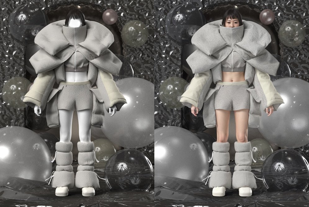 playroom_mg's tweet photo. 卒コレCLO制作では、デジタルクロージング(株)様にも御協力いただき、xTexでの実生地データ化・生成AIでのFaceChange技術でアバターをショー当日のモデルさんに差し替えていただきました。CLOのAIアバターでは破綻する条件も綺麗に仕上げていただきました😄
#国際トータルファッション専門学校 #NITF https://t.co/kdojj4epWy